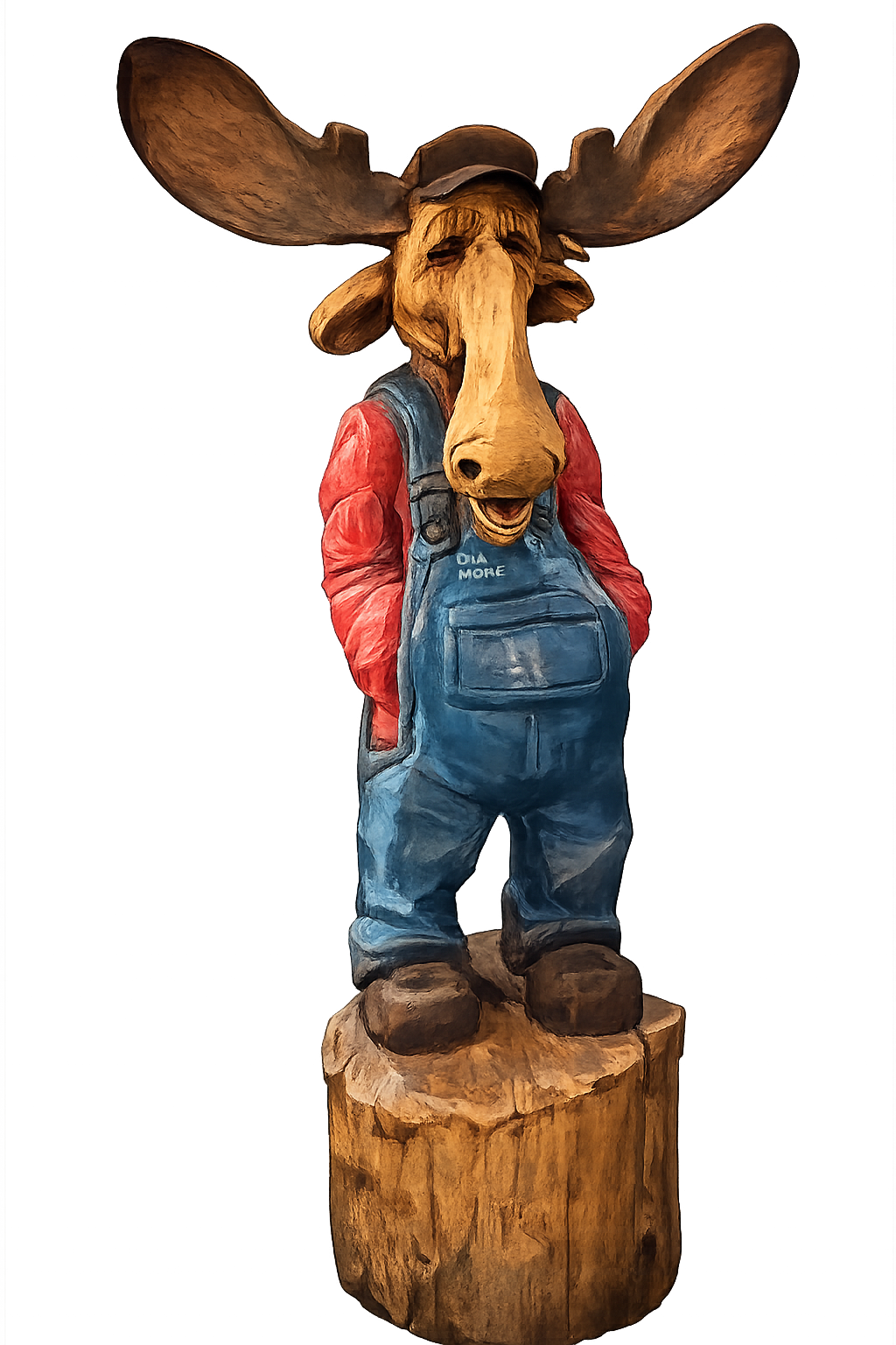 Hand-carved wooden moose in overalls greeting guests